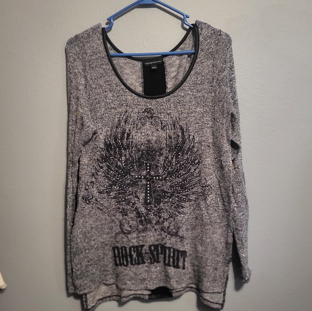 Gothic Emo Rock & Republic Gray Sequiened Long Sleeve Shirt